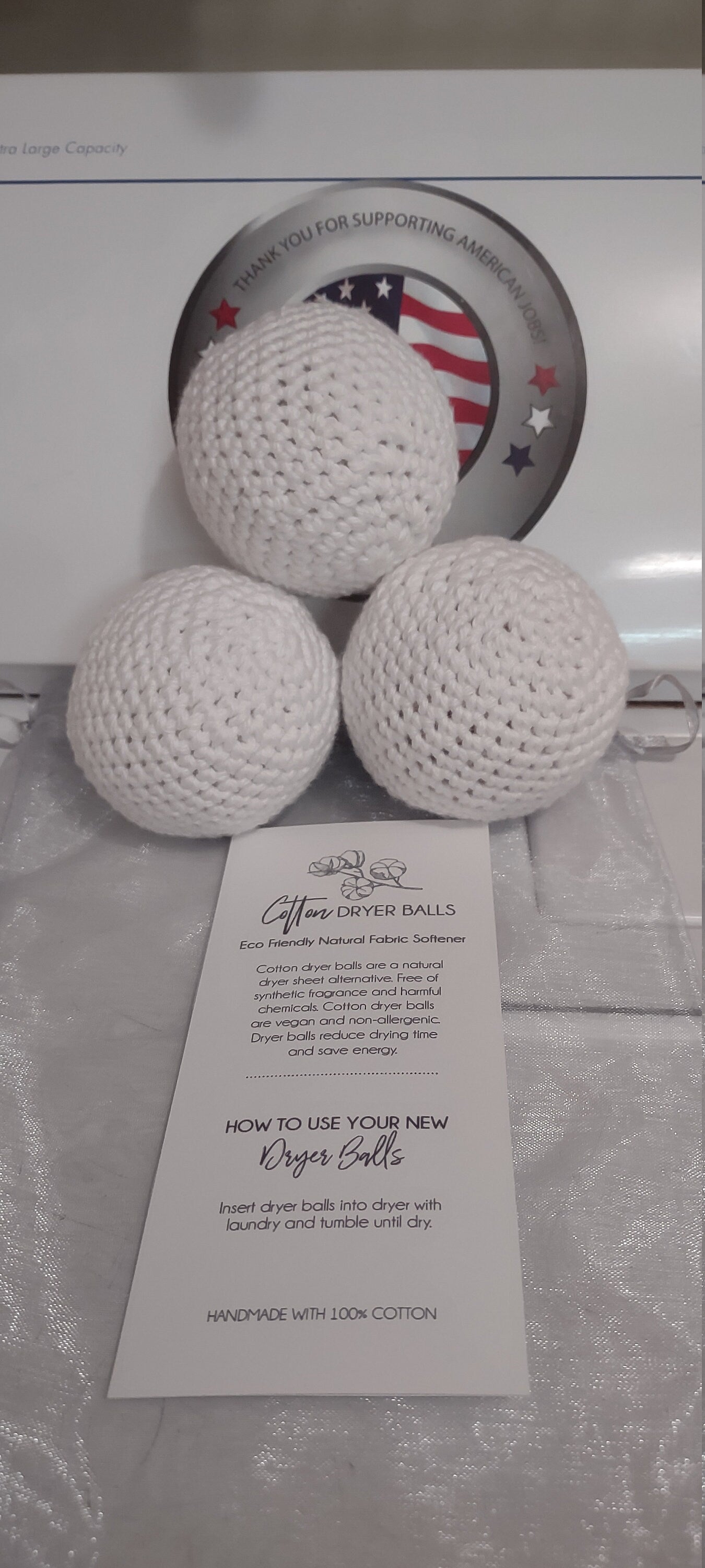 100% cotton dryer balls, vegan, eco-friendly, green